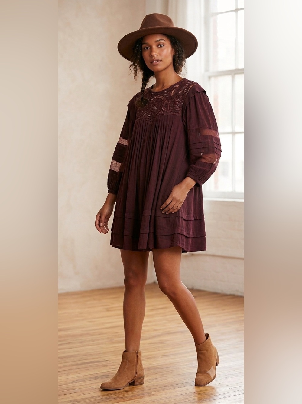 Free People Plum Lace-Trim Swing Dress Small Oversized